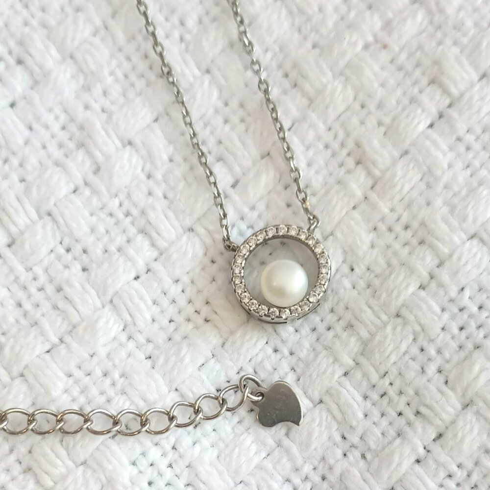 925 Cultured Pearl Halo Necklace 18" Sterling Silver Round Pave' Pendant Jewelry